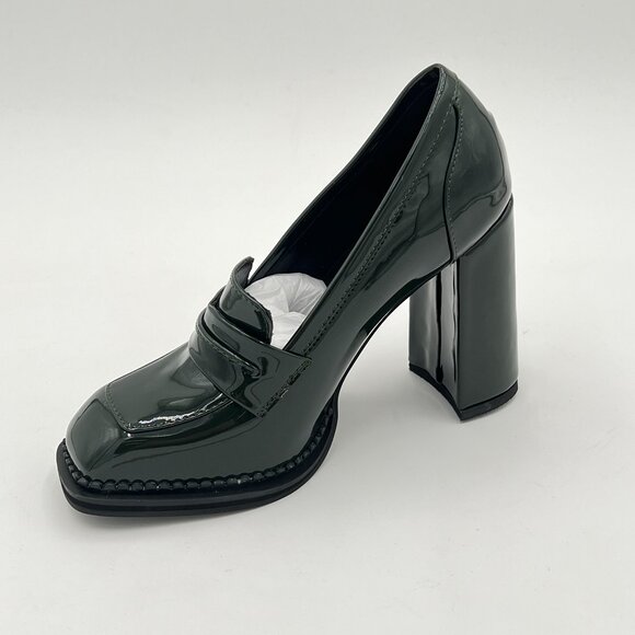 FOWT Dark Green High Block Heels Loafers for Women Square Toe Pumps Walking Shoe - Picture 2 of 7
